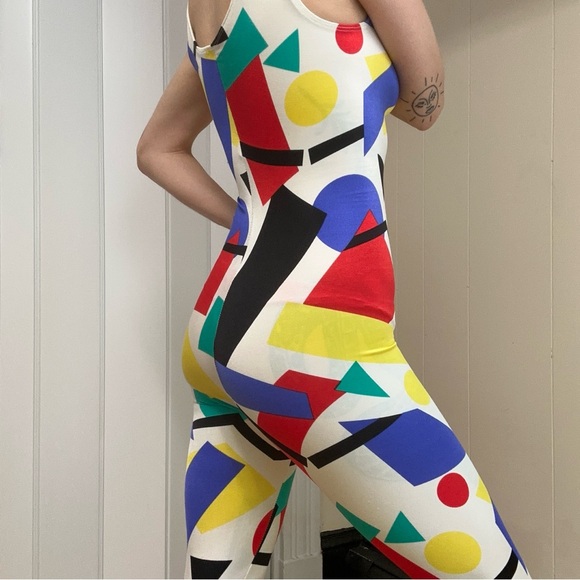 Vintage 90s Stretchy Bright Quirky Graphic Geometric Multicolor Jumpsuit - Picture 4 of 12